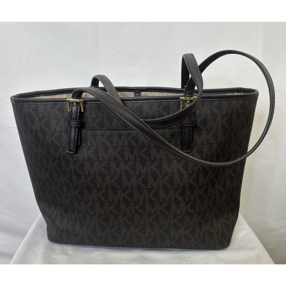 MICHAEL KORS Jet Set Charm Multi Carryall Tote Brown/Ivory LOGO Pattern Purse - Picture 5 of 16